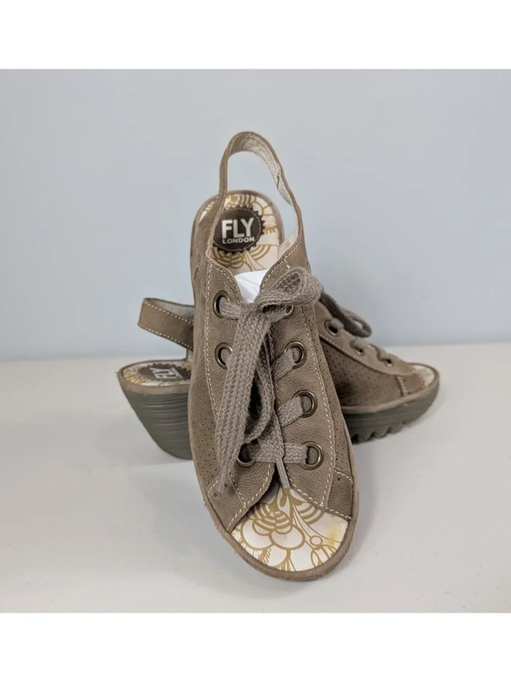 Fly London taupe leather lace up wedge heels women's size US 9.5 EU 40